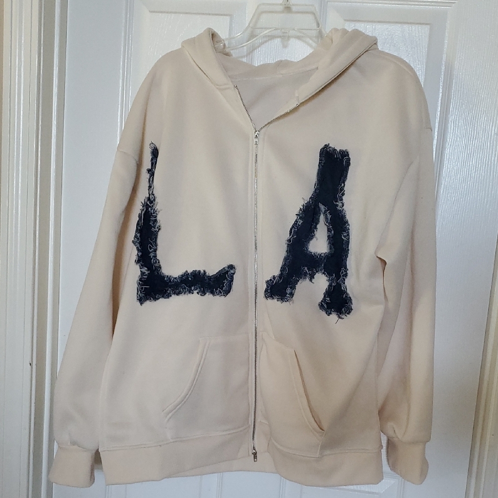 Y2K Vintage Letter Patch Los Angeles Cropped Cream Zip Up Hoodie